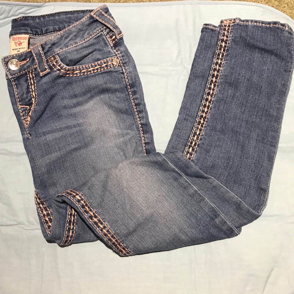 True religion distressed jean with pink stitching